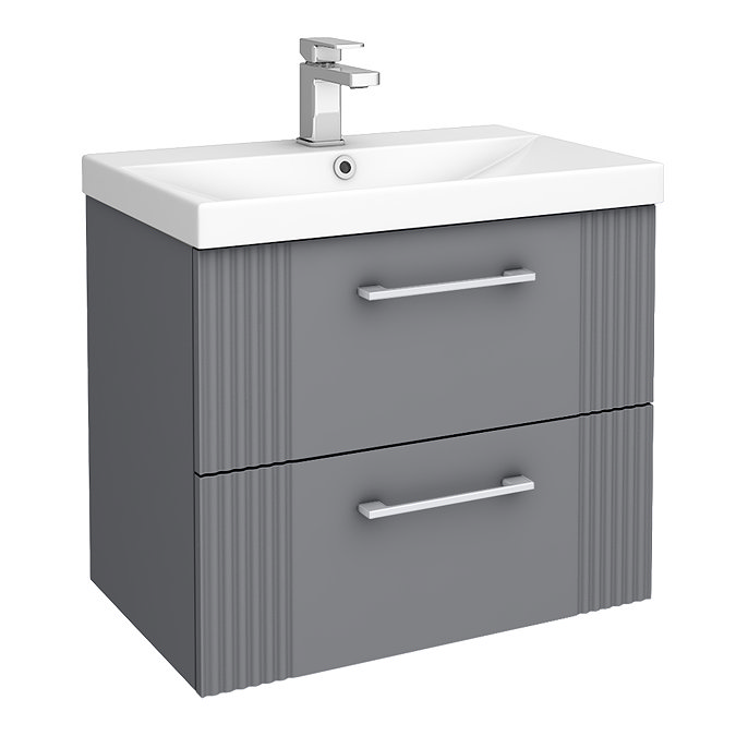 Roxbury Deco Fluted 600mm Grey Vanity Unit - Wall Hung 2-Drawer Unit & Chrome Handles