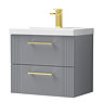 Roxbury Deco Fluted 600mm Grey Vanity - Wall Hung 2-Drawer Unit with Brushed Brass Handles