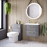 Roxbury Deco Fluted 600mm Grey Vanity - Wall Hung 2-Drawer Unit with Brushed Brass Handles