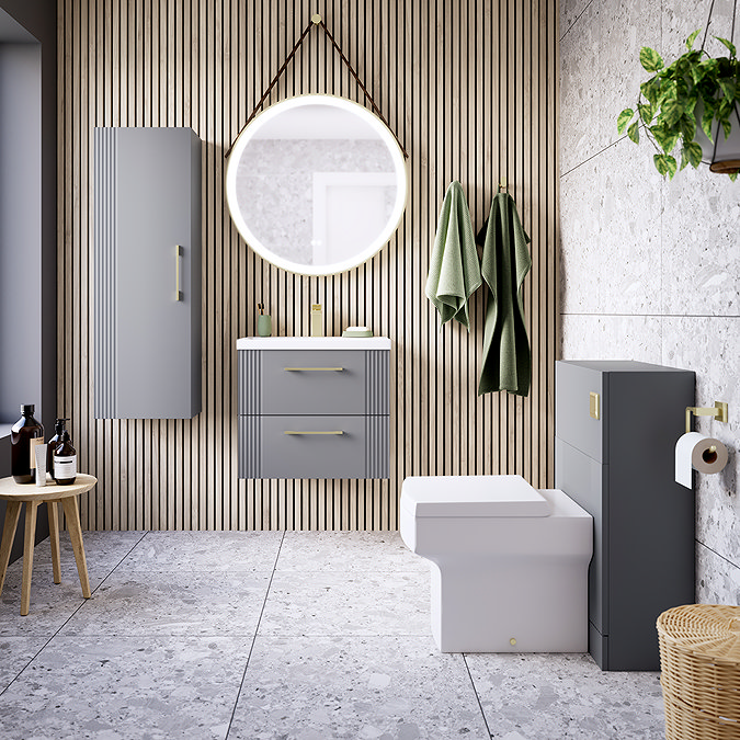Roxbury Deco Fluted 600mm Grey Vanity - Wall Hung 2-Drawer Unit with Brushed Brass Handles