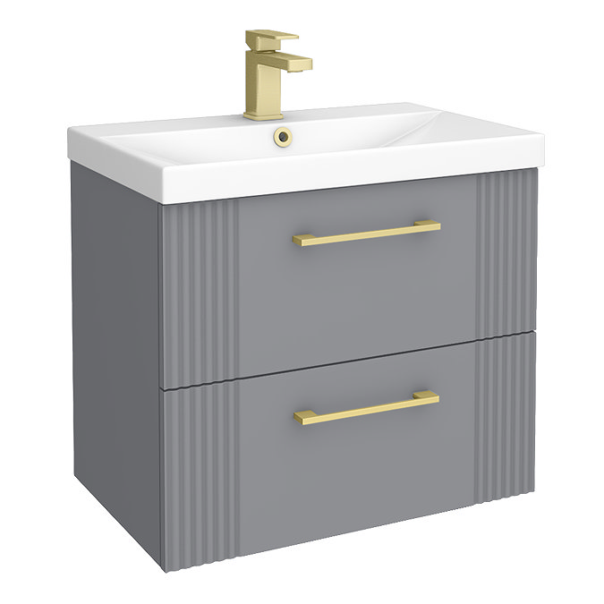 Roxbury Deco Fluted 600mm Grey Vanity - Wall Hung 2-Drawer Unit with Brushed Brass Handles