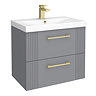 Roxbury Deco Fluted 600mm Grey Vanity - Wall Hung 2-Drawer Unit with Brushed Brass Handles