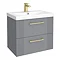 Roxbury Deco Fluted 600mm Grey Vanity - Wall Hung 2-Drawer Unit with Brushed Brass Handles