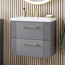 Roxbury Deco Fluted 600mm Grey Vanity - Wall Hung 2-Drawer Unit with Brushed Brass Handles