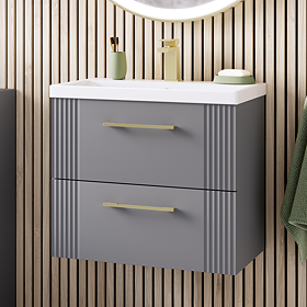 Roxbury Deco Fluted 600mm Grey Vanity - Wall Hung 2-Drawer Unit with Brushed Brass Handles