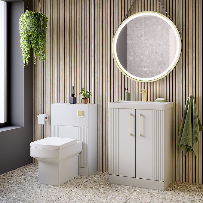 Roxbury Deco Fluted 600mm White Vanity Unit - Floor Standing 2 Door Unit with Brushed Brass Handles