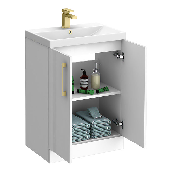 Roxbury Deco Fluted 600mm White Vanity Unit - Floor Standing 2 Door Unit with Brushed Brass Handles