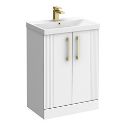 Roxbury Deco Fluted 600mm White Vanity Unit - Floor Standing 2 Door Unit with Brushed Brass Handles
