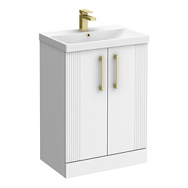 Roxbury Deco Fluted 600mm White Vanity Unit - Floor Standing 2 Door Unit with Brushed Brass Handles