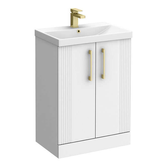 Roxbury Deco Fluted 600mm White Vanity Unit - Floor Standing 2 Door Unit with Brushed Brass Handles