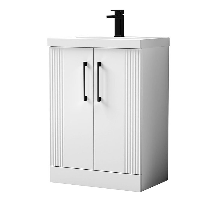 Roxbury Deco Fluted 600mm White Vanity Unit - Floor Standing 2 Door Unit with Matt Black Handles