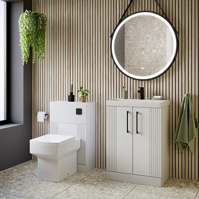 Roxbury Deco Fluted 600mm White Vanity Unit - Floor Standing 2 Door Unit with Matt Black Handles