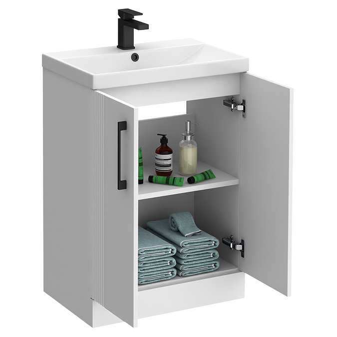 Roxbury Deco Fluted 600mm White Vanity Unit - Floor Standing 2 Door Unit with Matt Black Handles