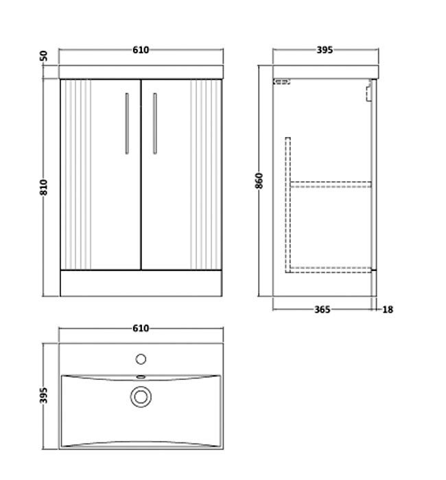 Roxbury Deco Fluted 600mm White Vanity Unit - Floor Standing 2 Door Unit with Matt Black Handles