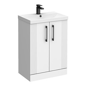 Roxbury Deco Fluted 600mm White Vanity Unit - Floor Standing 2 Door Unit with Matt Black Handles