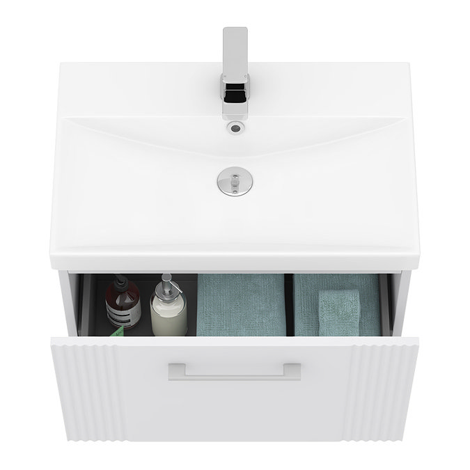 Roxbury Deco Fluted 600mm White Vanity Unit - Wall Hung 1-Drawer Unit & Chrome Handle