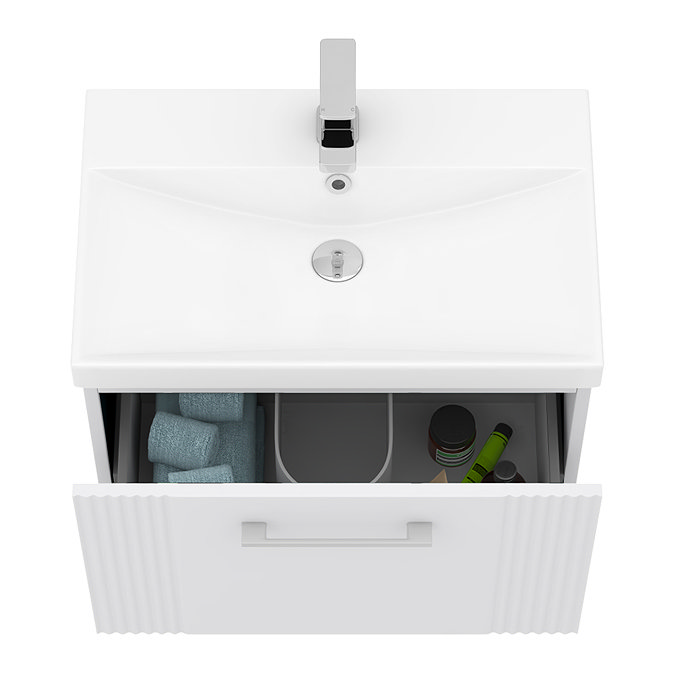 Roxbury Deco Fluted 600mm White Vanity Unit - Wall Hung 1-Drawer Unit & Chrome Handle