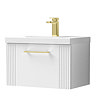 Roxbury Deco Fluted 600mm White Vanity Unit - Wall Hung 1-Drawer Unit & Brushed Brass Handle