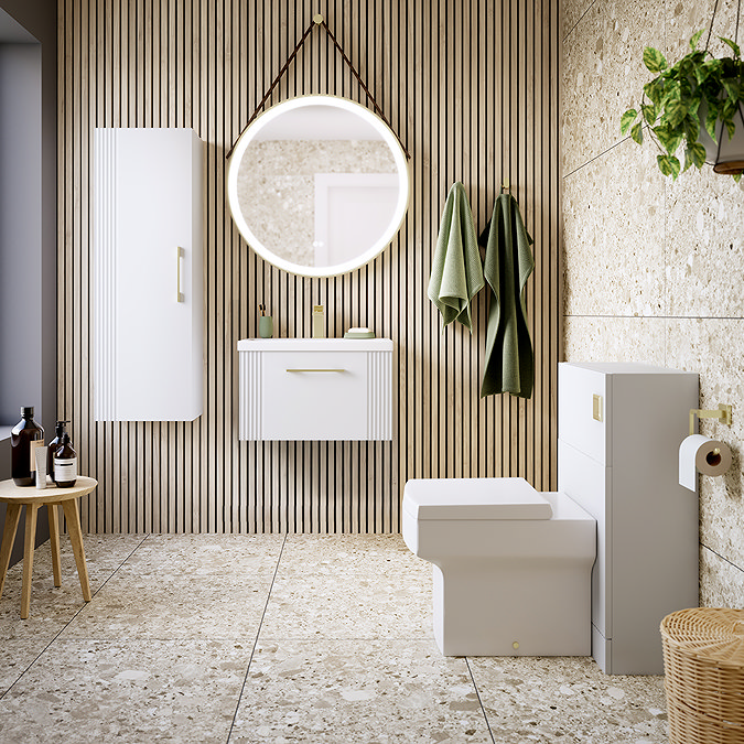 Roxbury Deco Fluted 600mm White Vanity Unit - Wall Hung 1-Drawer Unit & Brushed Brass Handle