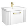 Roxbury Deco Fluted 600mm White Vanity Unit - Wall Hung 1-Drawer Unit & Brushed Brass Handle