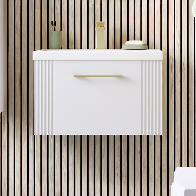 Roxbury Deco Fluted 600mm White Vanity Unit - Wall Hung 1-Drawer Unit & Brushed Brass Handle