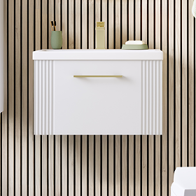Roxbury Deco Fluted 600mm White Vanity Unit - Wall Hung 1-Drawer Unit & Brushed Brass Handle