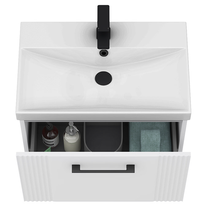 Roxbury Deco Fluted 600mm White Vanity Unit - Wall Hung 1-Drawer Unit & Matt Black Handle