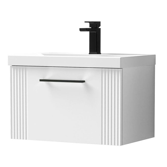 Roxbury Deco Fluted 600mm White Vanity Unit - Wall Hung 1-Drawer Unit & Matt Black Handle