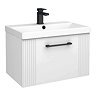 Roxbury Deco Fluted 600mm White Vanity Unit - Wall Hung 1-Drawer Unit & Matt Black Handle