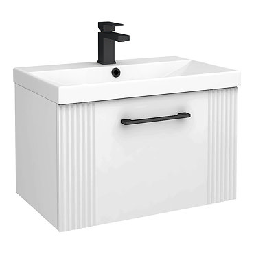 Roxbury Deco Fluted 600mm White Vanity Unit - Wall Hung 1-Drawer Unit & Matt Black Handle