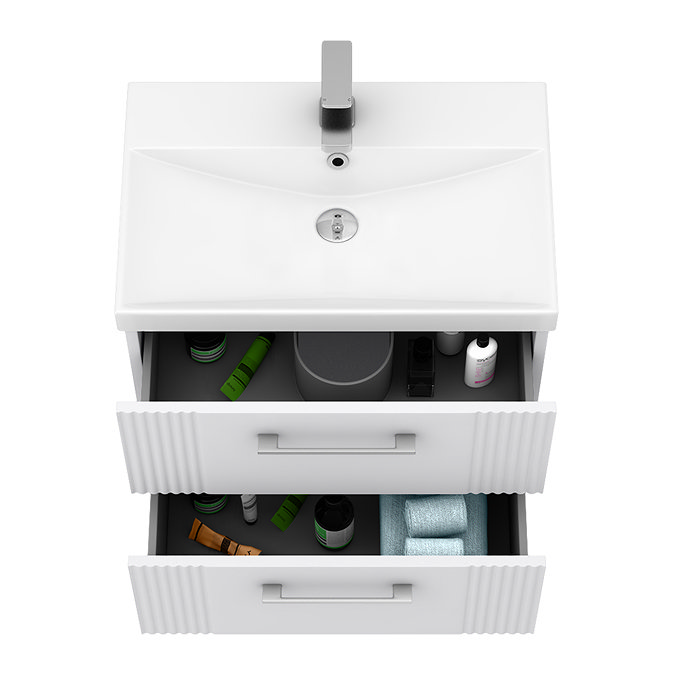 Roxbury Deco Fluted 600mm White Vanity Unit - Wall Hung 2-Drawer Unit & Chrome Handles