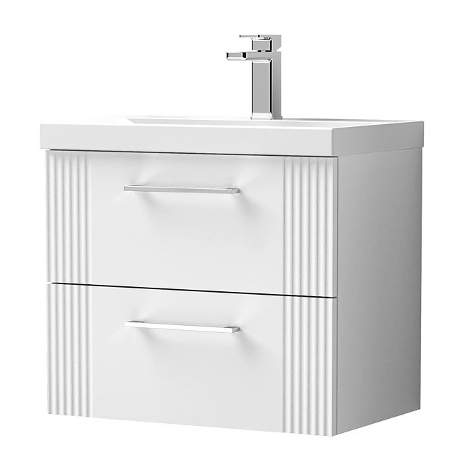 Roxbury Deco Fluted 600mm White Vanity Unit - Wall Hung 2-Drawer Unit & Chrome Handles