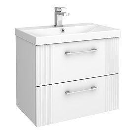Roxbury Deco Fluted 600mm White Vanity Unit - Wall Hung 2-Drawer Unit & Chrome Handles