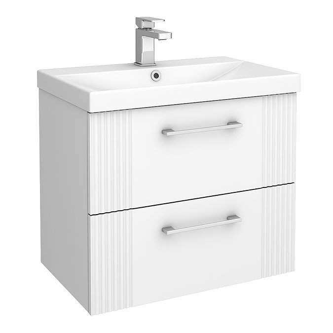 Roxbury Deco Fluted 600mm White Vanity Unit - Wall Hung 2-Drawer Unit & Chrome Handles