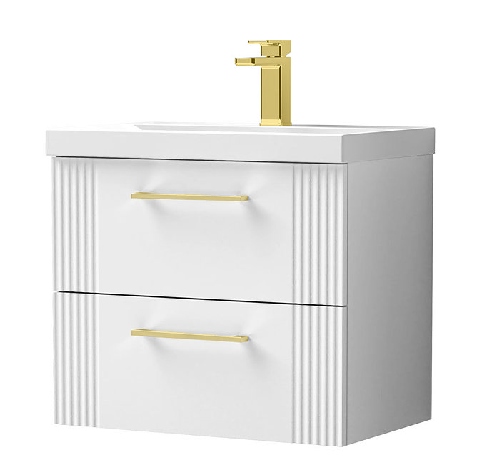 Roxbury Deco Fluted 600mm White Vanity Unit - Wall Hung 2-Drawer Unit with Brushed Brass Handles