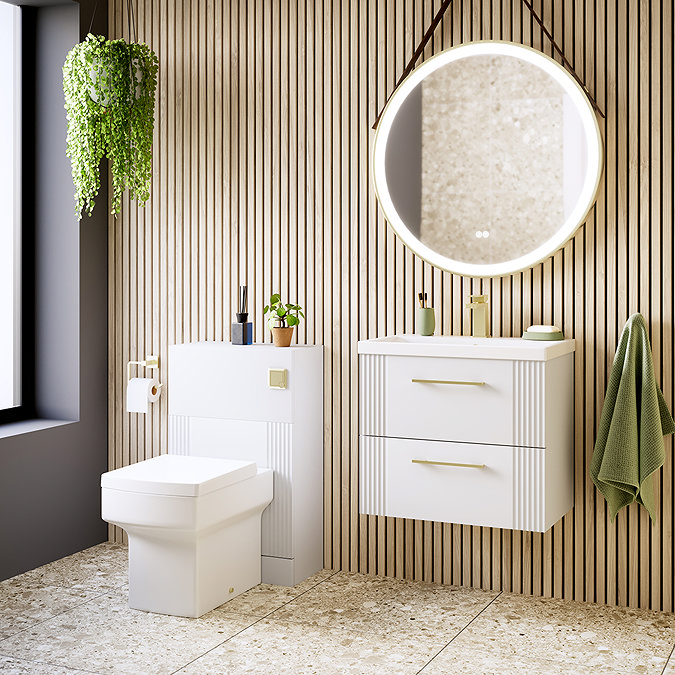 Roxbury Deco Fluted 600mm White Vanity Unit - Wall Hung 2-Drawer Unit with Brushed Brass Handles