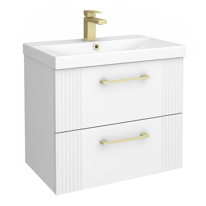Roxbury Deco Fluted 600mm White Vanity Unit - Wall Hung 2-Drawer Unit with Brushed Brass Handles