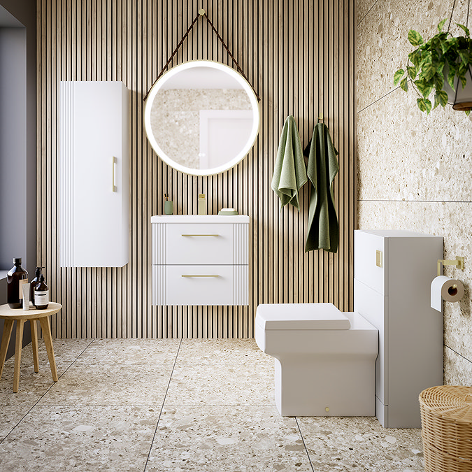 Roxbury Deco Fluted 600mm White Vanity Unit - Wall Hung 2-Drawer Unit with Brushed Brass Handles