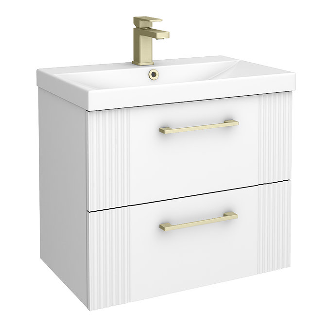 Roxbury Deco Fluted 600mm White Vanity Unit - Wall Hung 2-Drawer Unit with Brushed Brass Handles