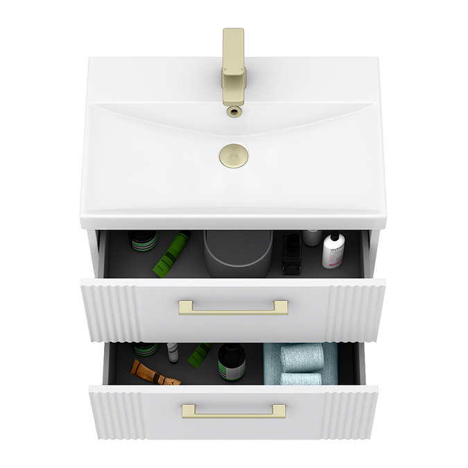 Roxbury Deco Fluted 600mm White Vanity Unit - Wall Hung 2-Drawer Unit with Brushed Brass Handles