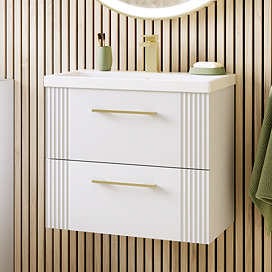 Roxbury Deco Fluted 600mm White Vanity Unit - Wall Hung 2-Drawer Unit with Brushed Brass Handles