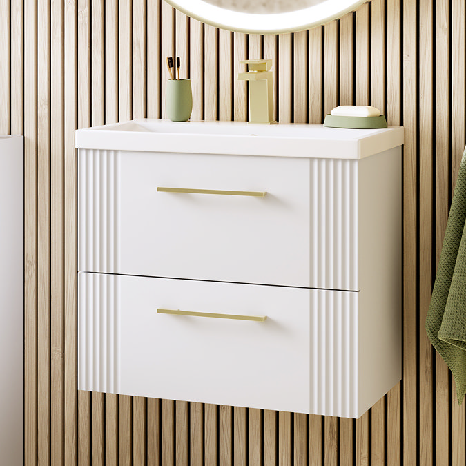 Roxbury Deco Fluted 600mm White Vanity Unit - Wall Hung 2-Drawer Unit with Brushed Brass Handles