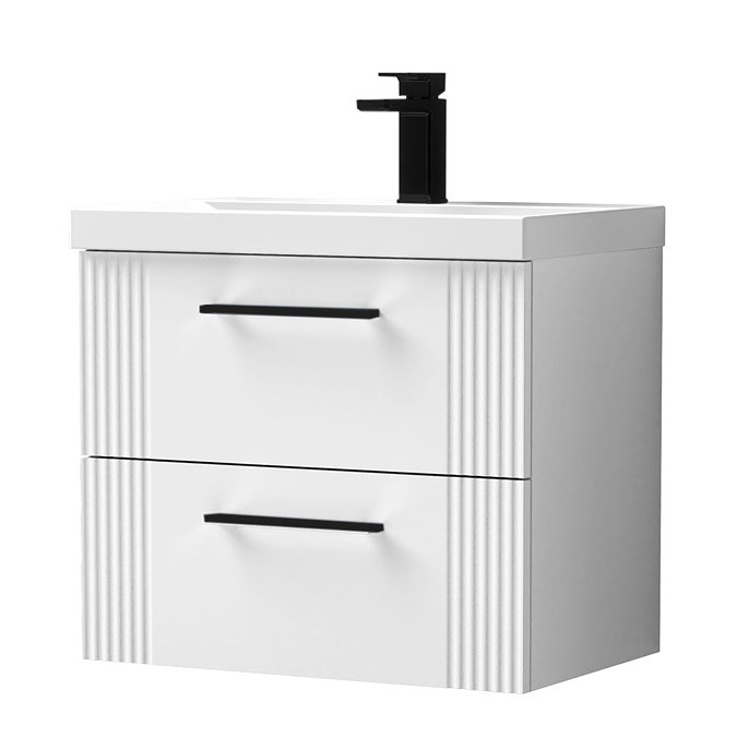 Roxbury Deco Fluted 600mm White Vanity Unit - Wall Hung 2-Drawer Unit & Matt Black Handles