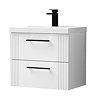 Roxbury Deco Fluted 600mm White Vanity Unit - Wall Hung 2-Drawer Unit & Matt Black Handles