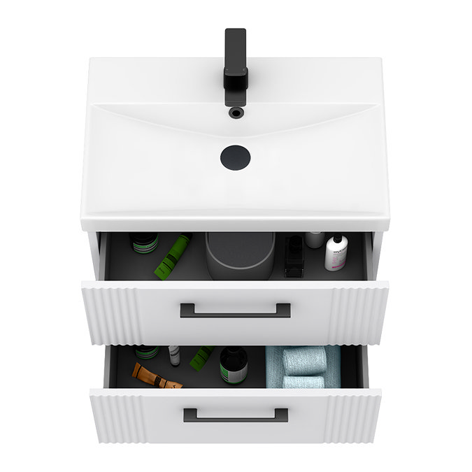 Roxbury Deco Fluted 600mm White Vanity Unit - Wall Hung 2-Drawer Unit & Matt Black Handles