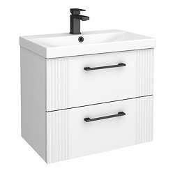 Roxbury Deco Fluted 600mm White Vanity Unit - Wall Hung 2-Drawer Unit & Matt Black Handles