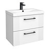 Roxbury Deco Fluted 600mm White Vanity Unit - Wall Hung 2-Drawer Unit & Matt Black Handles