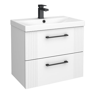 Roxbury Deco Fluted 600mm White Vanity Unit - Wall Hung 2-Drawer Unit & Matt Black Handles