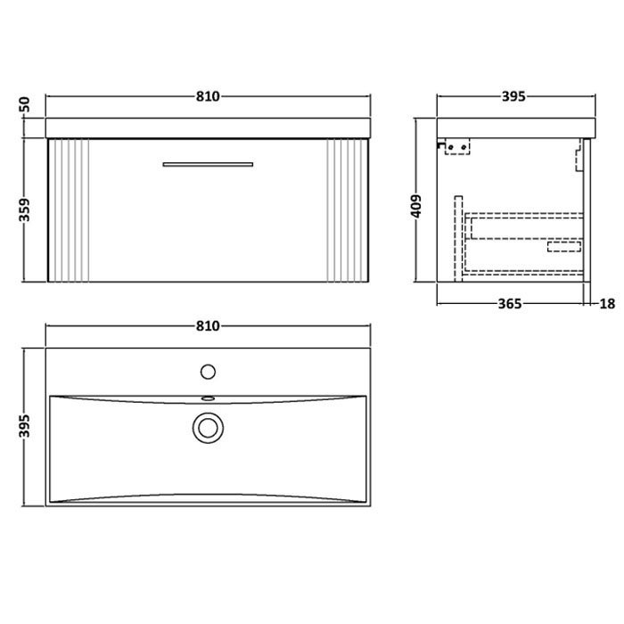 Roxbury Deco Fluted 800mm Anthracite Grey Vanity Unit - Wall Hung 1-Drawer Unit & Matt Black Handle