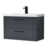 Roxbury Deco Fluted 800mm Satin Anthracite Grey Vanity Unit - Wall Hung 2-Drawer Unit with Thin-Edged Ceramic Basin & Matt Black Handles